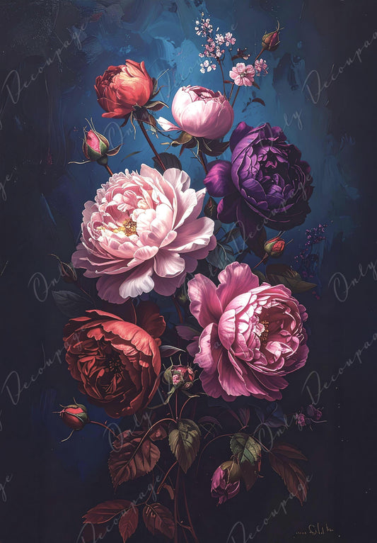Furniture Decoupage Paper - Dark Floral - 7 Size Options - Chiaroscuro - Purple Peony