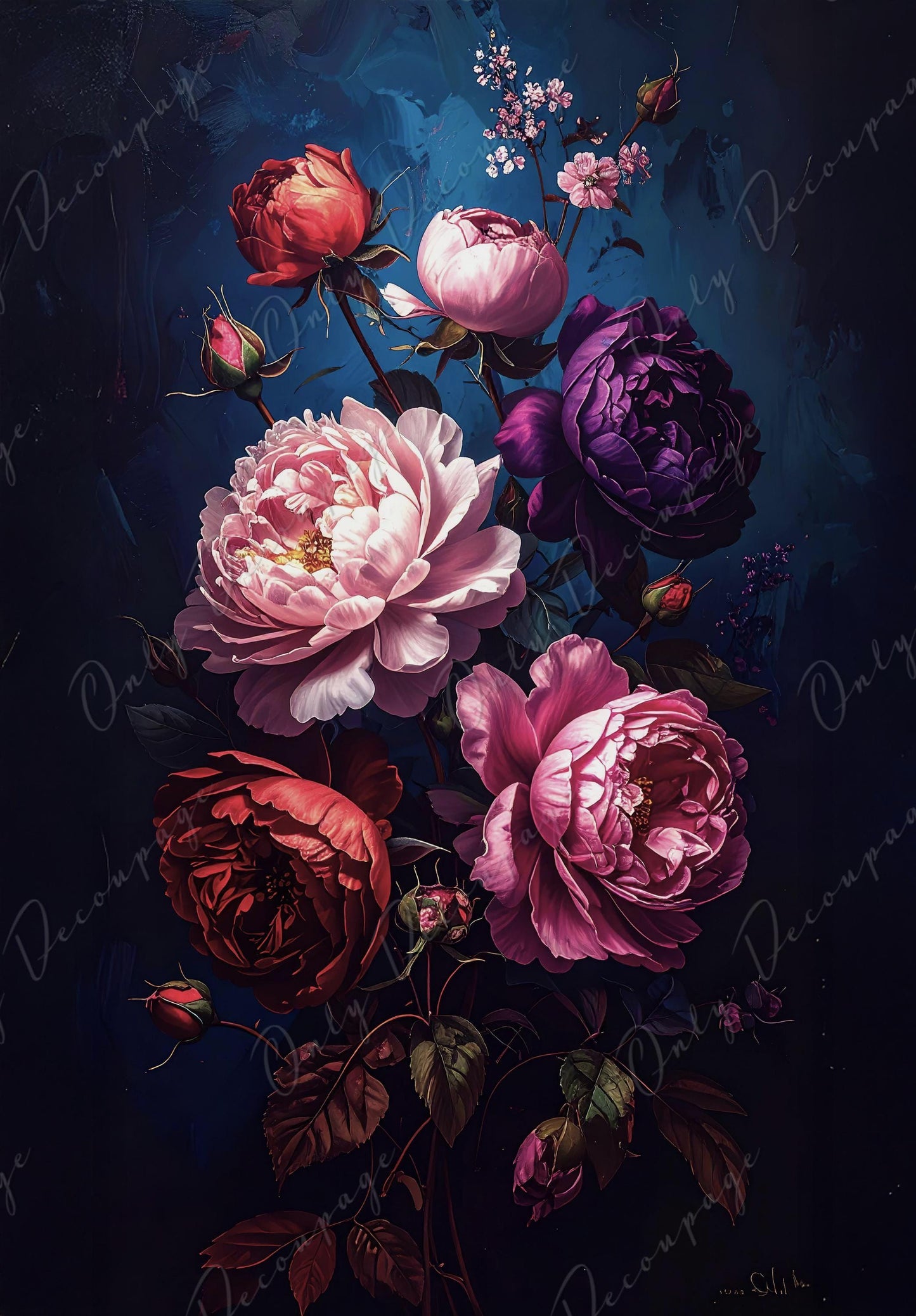 Furniture Decoupage Paper - Dark Floral - 7 Size Options - Chiaroscuro - Purple Peony