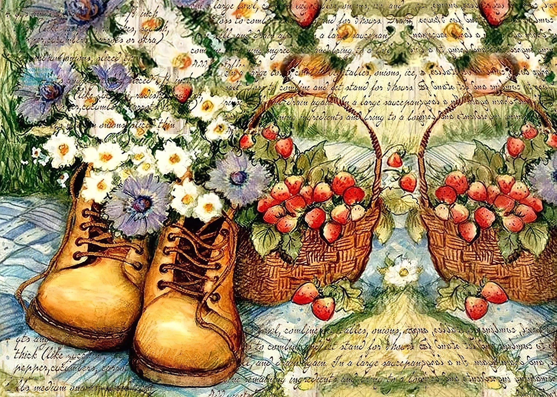 Flowers - Boots - Strawberry - Decorative Decoupage Paper - for Furniture [ Red White Purple Yellow ]