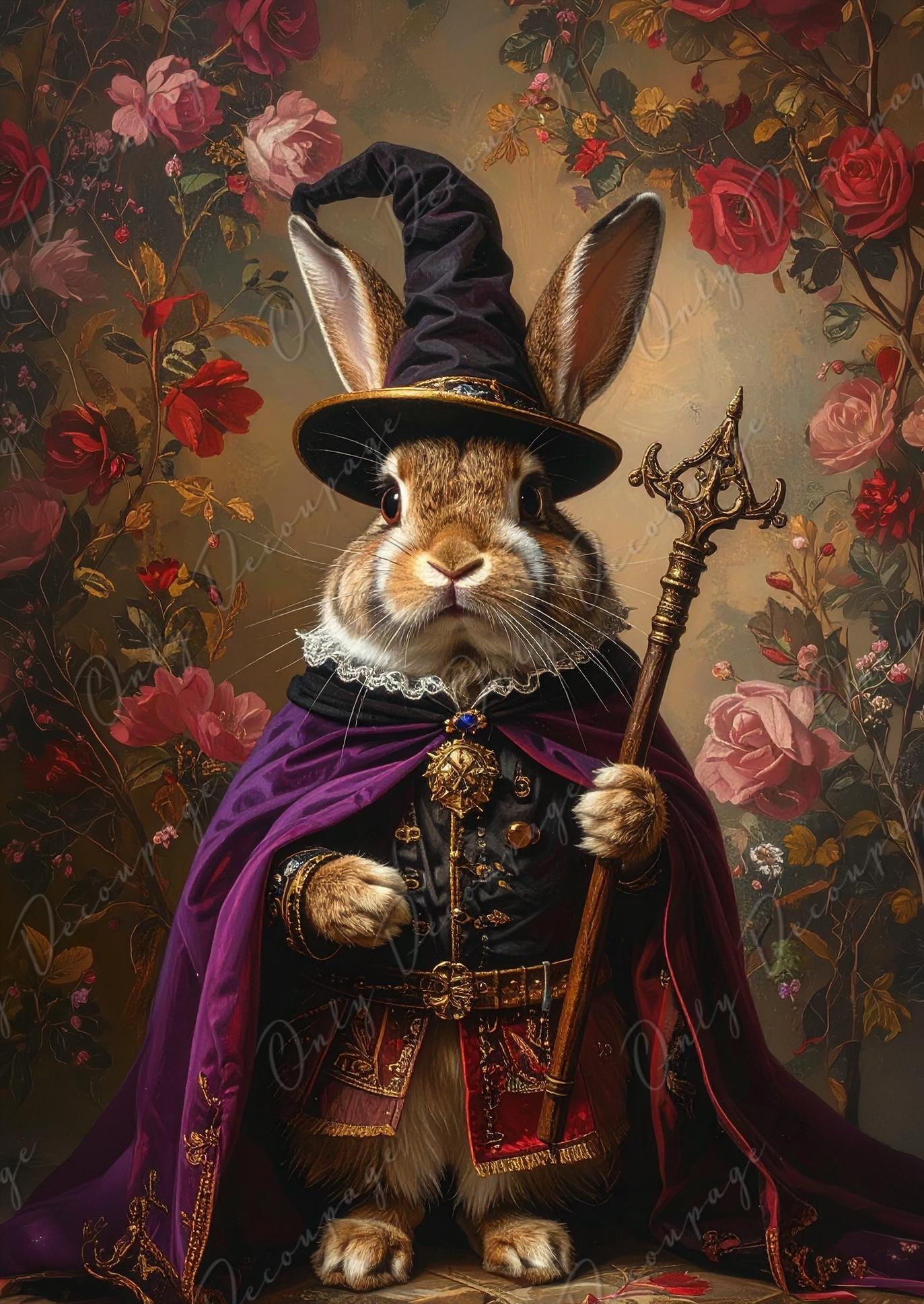 Large Whimsical Decoupage Paper - 6 Size Options - Wizard Rabbit Rice Paper - Witchcraft