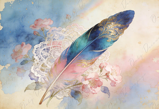 Large Whimsical Decoupage Paper - 7 Size Options - Fairytale Alice Rice Paper - Feather