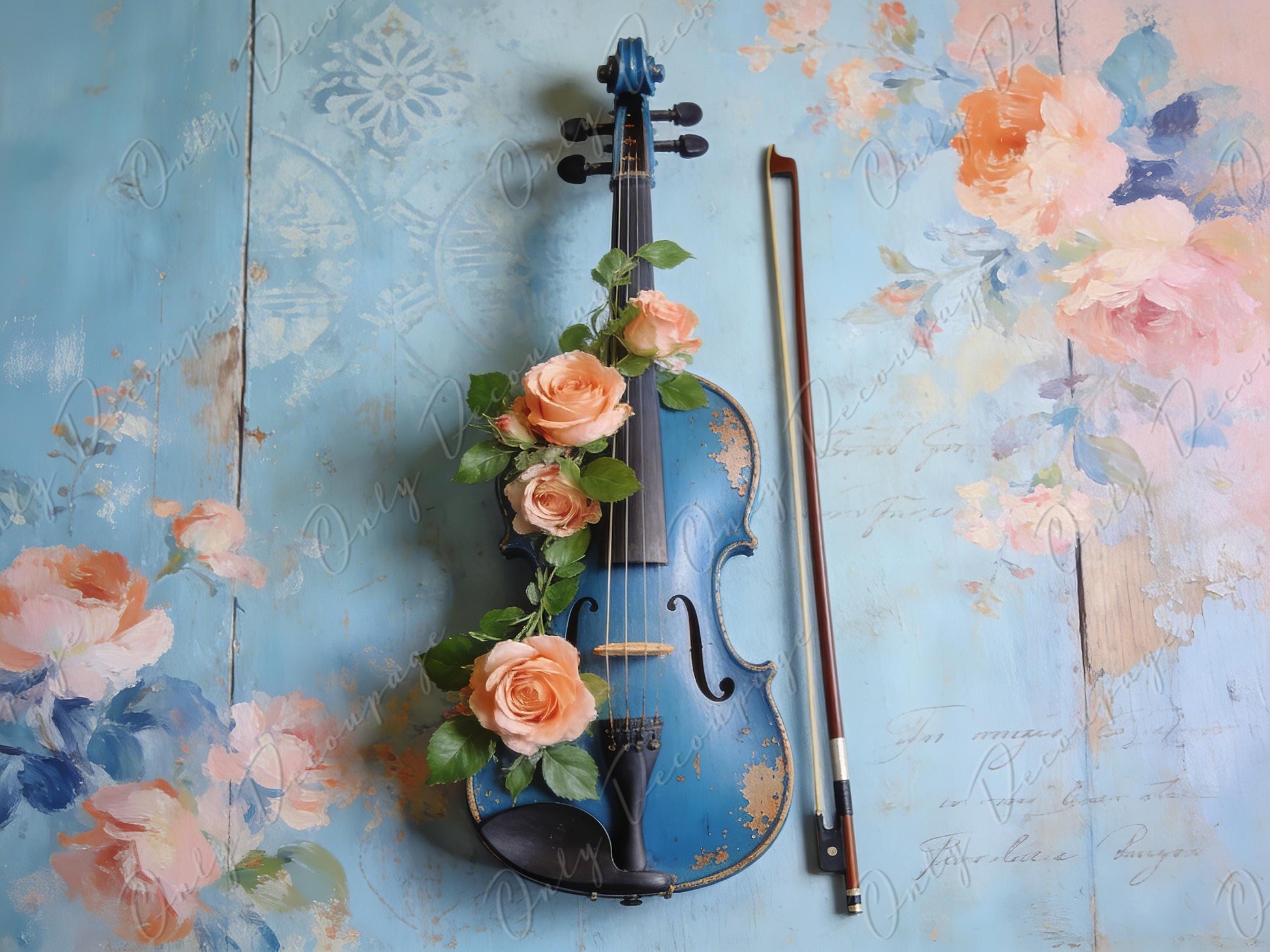 Large Whimsical Decoupage Paper - 7 Size Options - Vintage Rice Paper - Blue Violin