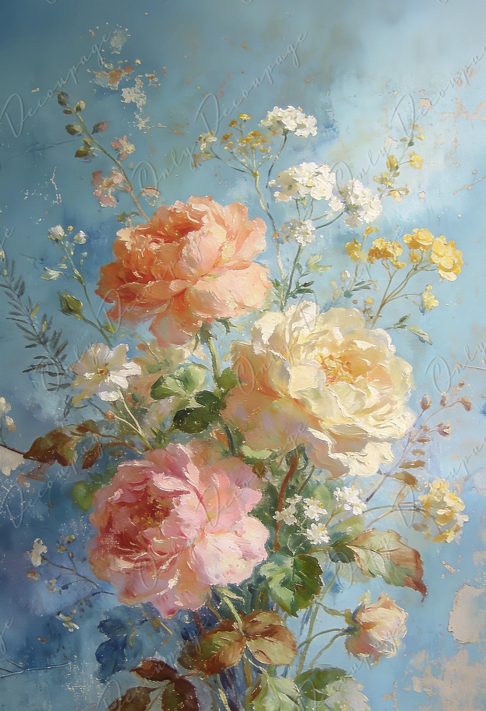 Large Whimsical Decoupage Paper - 7 Size Options - Vintage Rice Paper - Pastel Color Roses