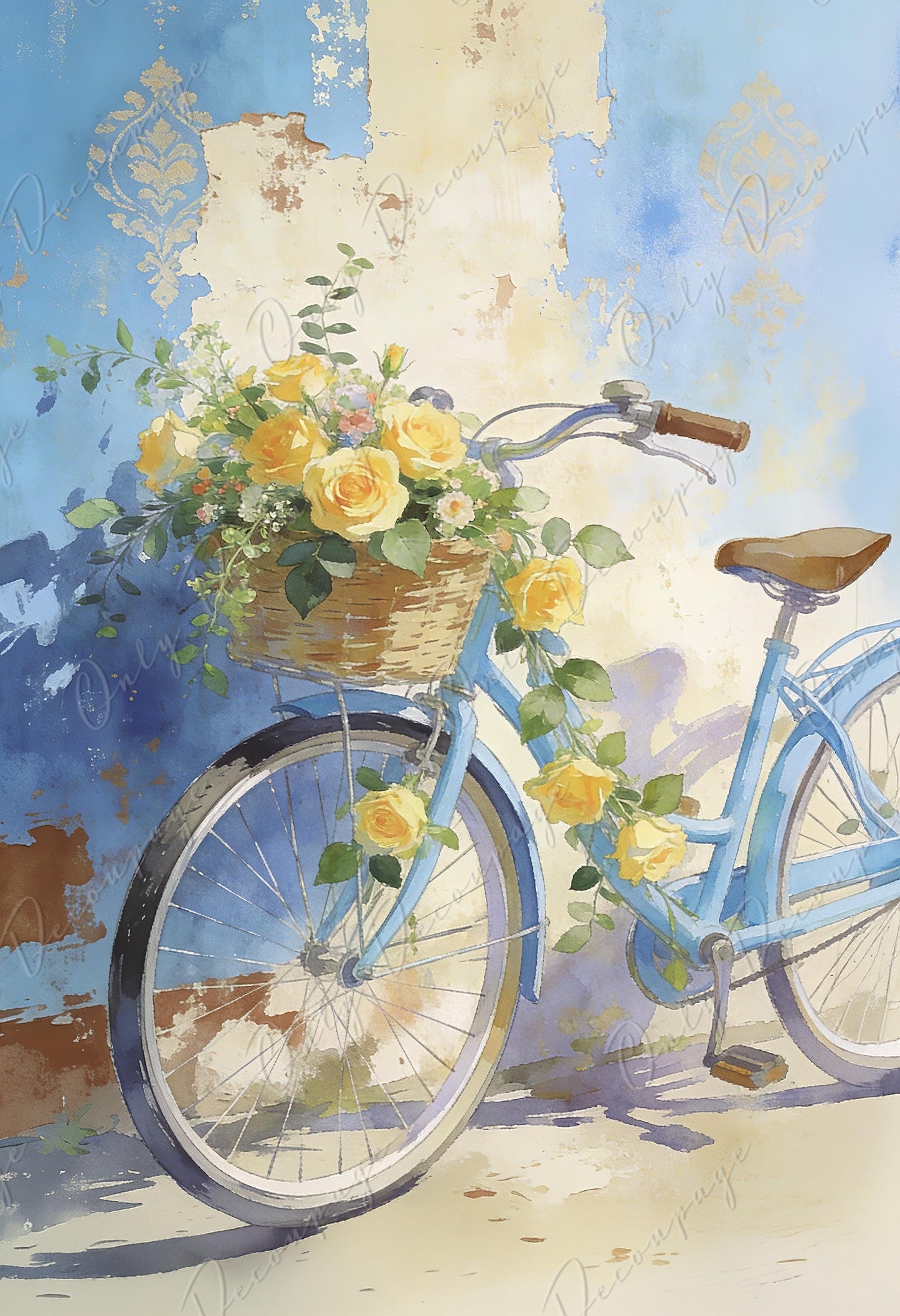 Large Whimsical Decoupage Paper - 7 Size Options - Vintage Rice Paper - Yellow Roses - Blue Bicycle