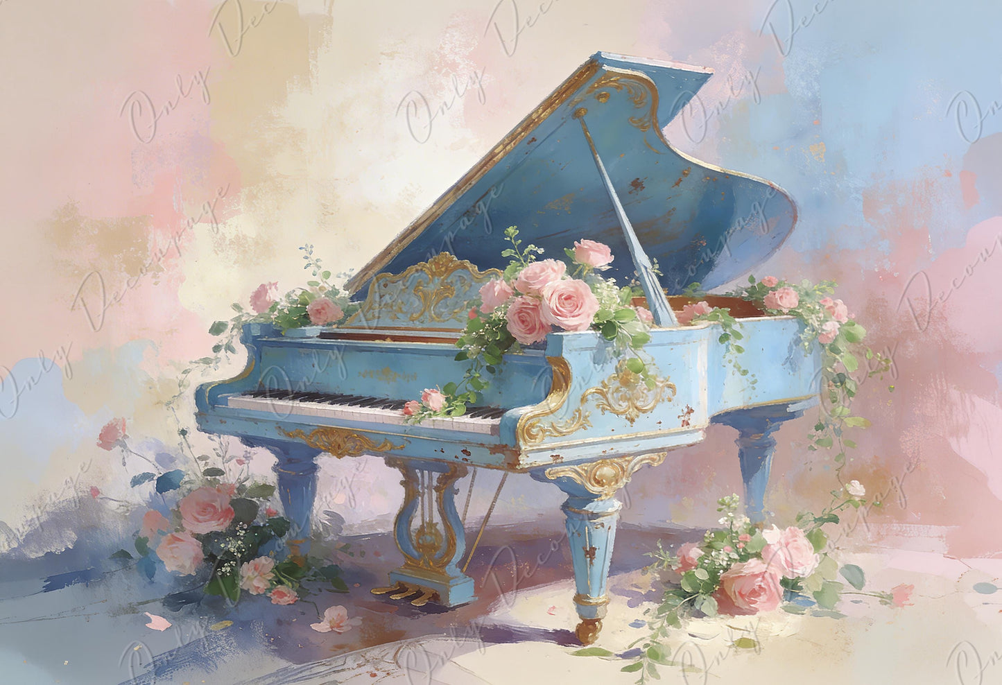 Large Whimsical Decoupage Paper - 7 Size Options - Vintage Rice Paper - Blue Piano
