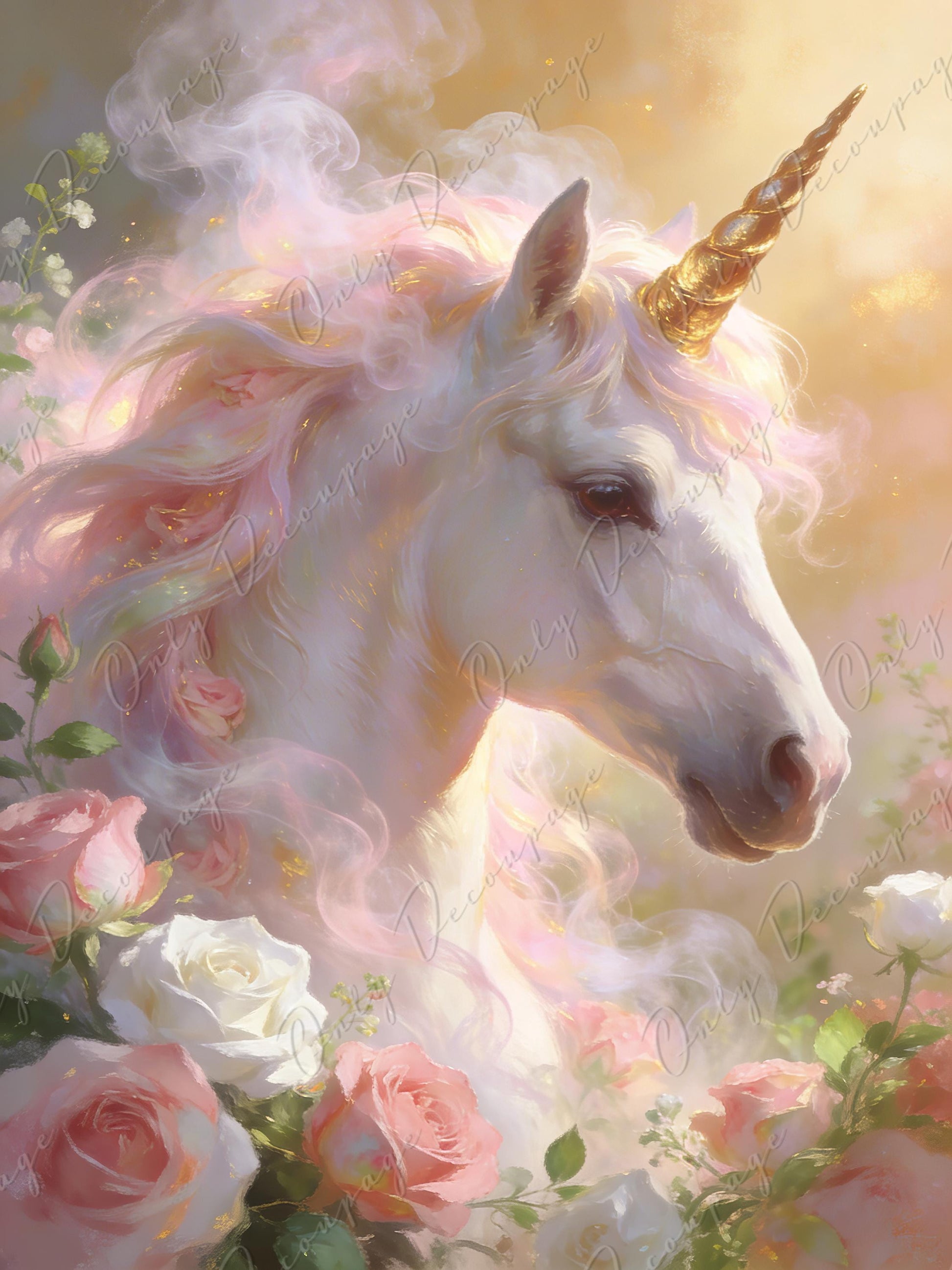 Large Whimsical Decoupage Paper - 7 Size Options - Vintage Rice Paper - Unicorn