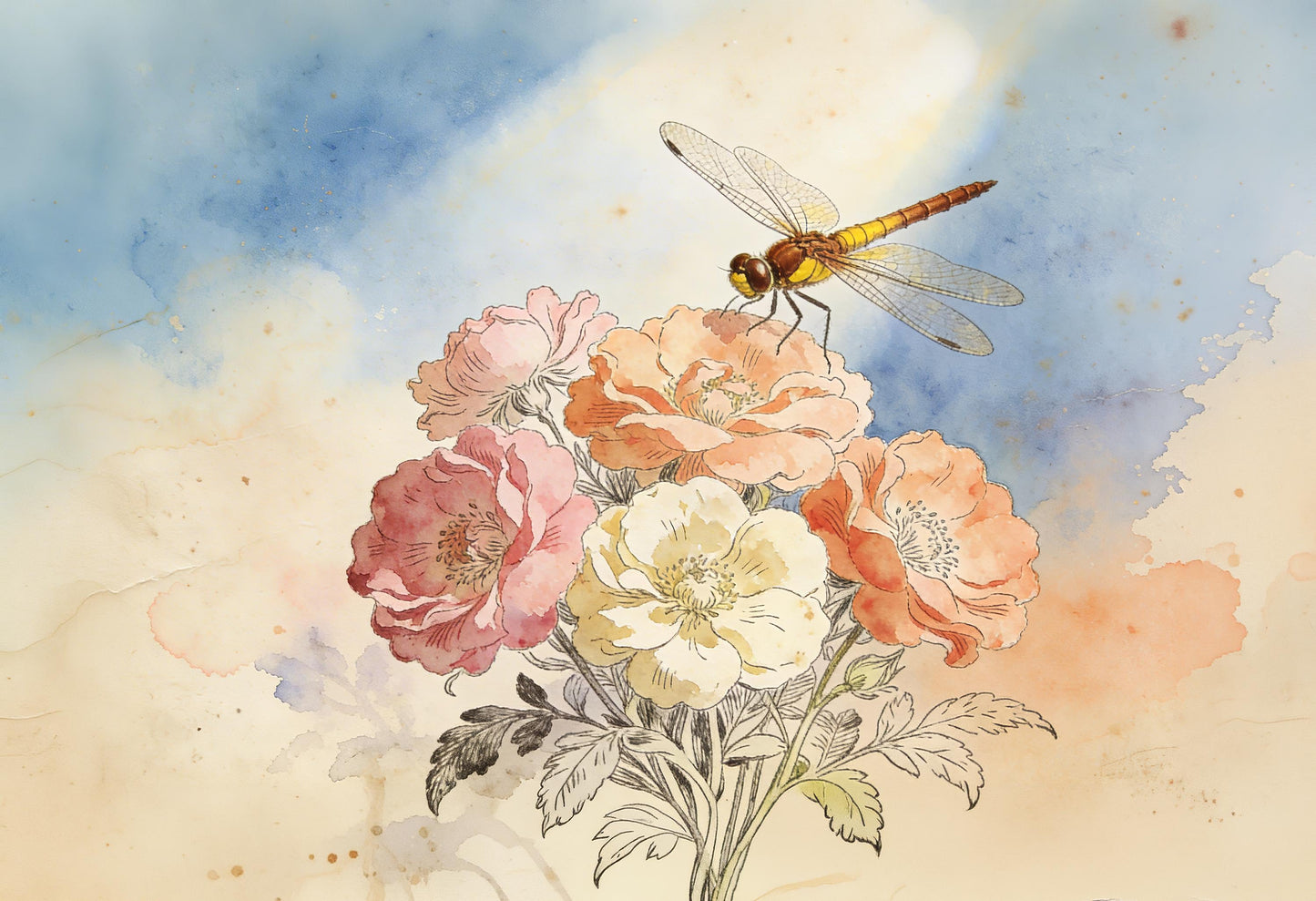 Large Whimsical Decoupage Paper - 7 Size Options - Vintage Rice Paper - Flowers - Dragonfly