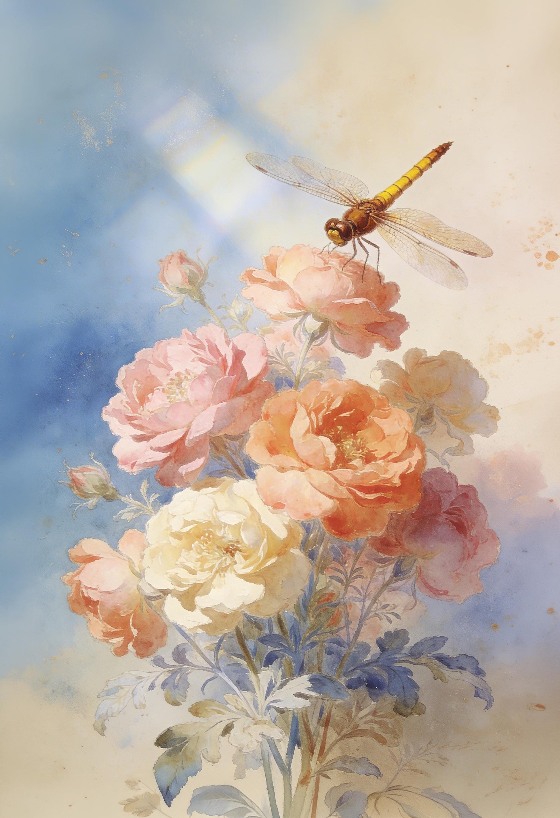 Furniture Decoupage Paper - 7 Size Options - Whimsical Rice Paper - Flowers - Dragonfly