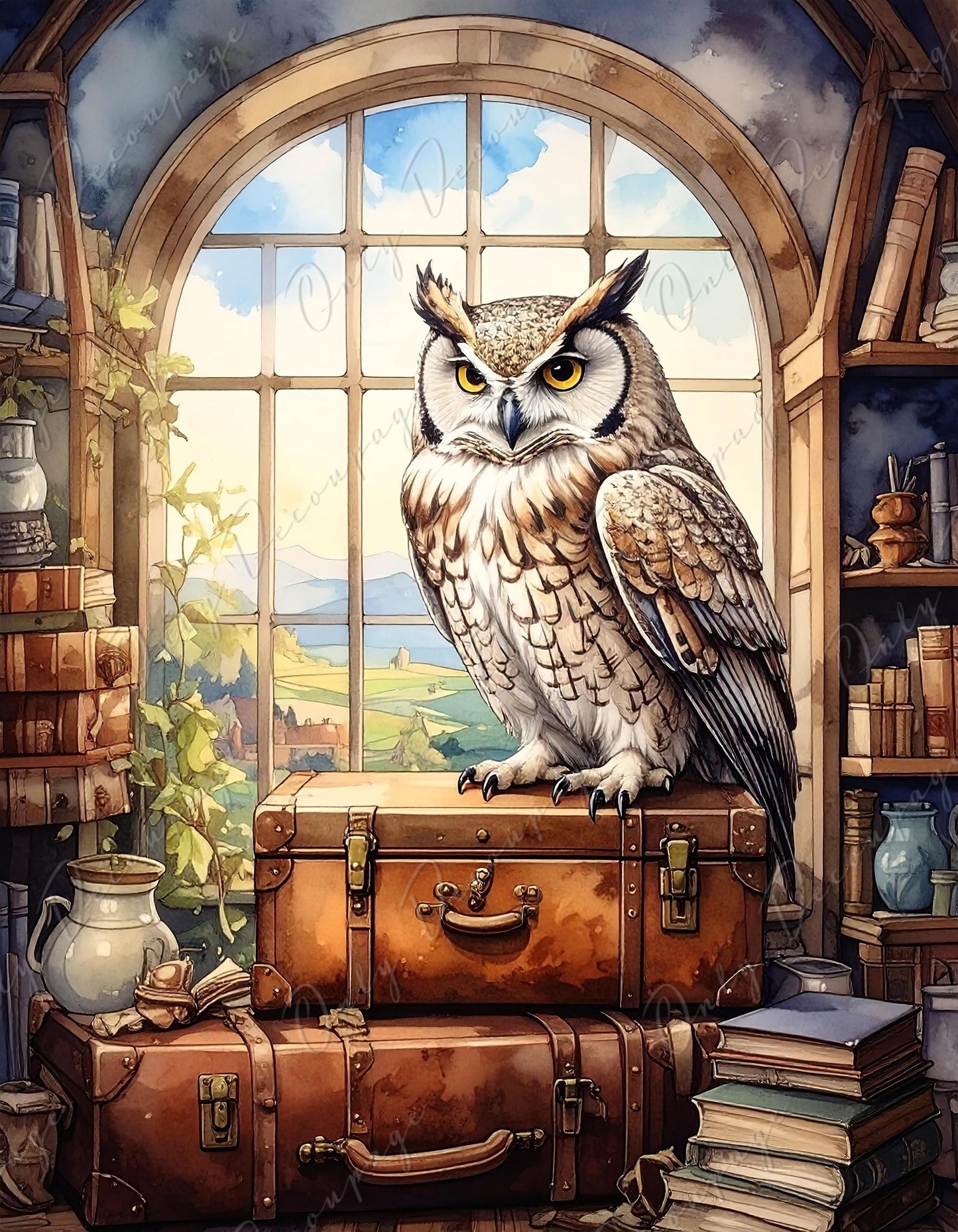 Magical Owl Library Decoupage Rice Paper – 8 Size Options – Furniture Makeover Craft Supplies