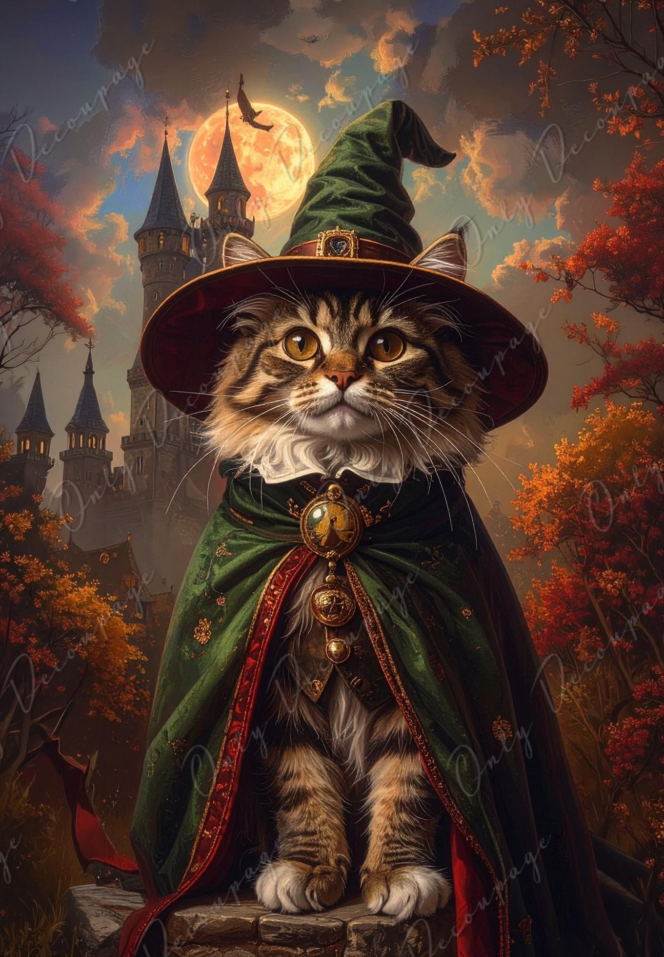 Large Whimsical Decoupage Paper - 6 Size Options - Wizard Cat Rice Paper - Witchcraft