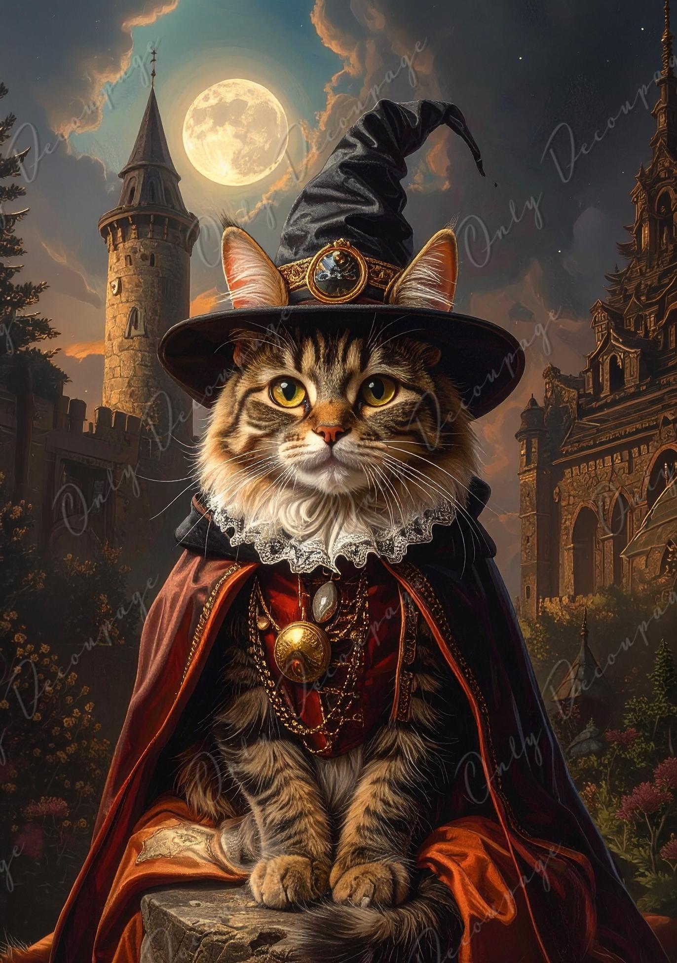 Large Whimsical Decoupage Paper - 6 Size Options - Wizard Cat Rice Paper - Witchcraft