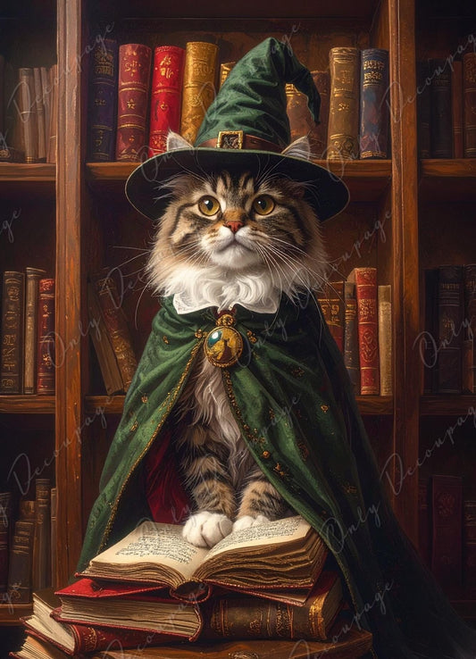 Large Whimsical Decoupage Paper - 6 Size Options - Wizard Cat Rice Paper - Witchcraft Book