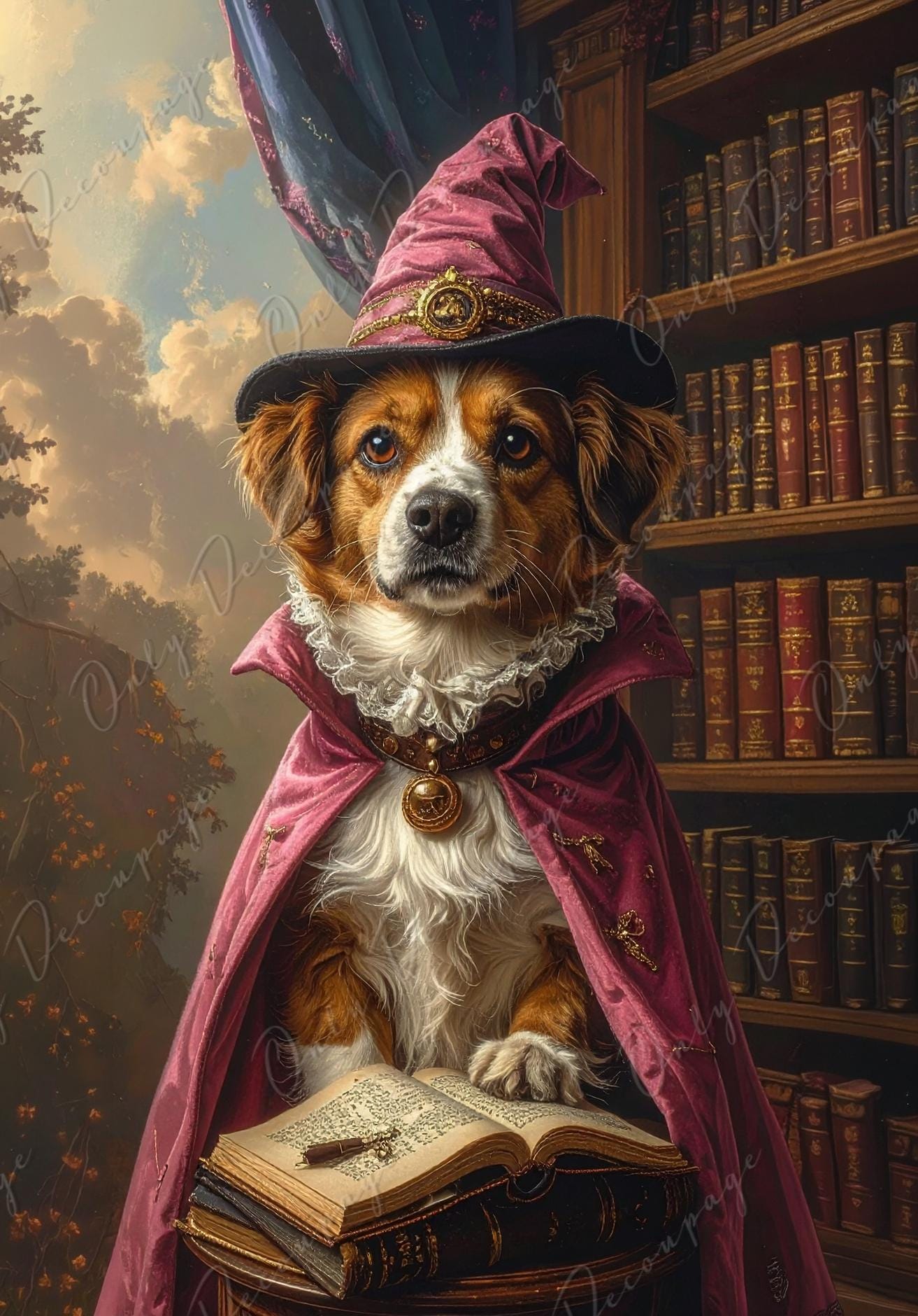 Large Whimsical Decoupage Paper - 6 Size Options - Wizard Dog Rice Paper - Witchcraft