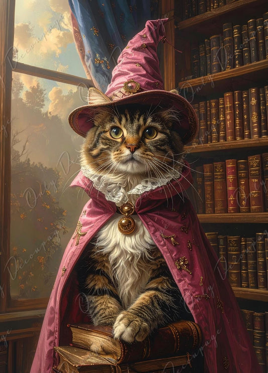 Large Whimsical Decoupage Paper - 6 Size Options - Wizard Cat Rice Paper - Witchcraft