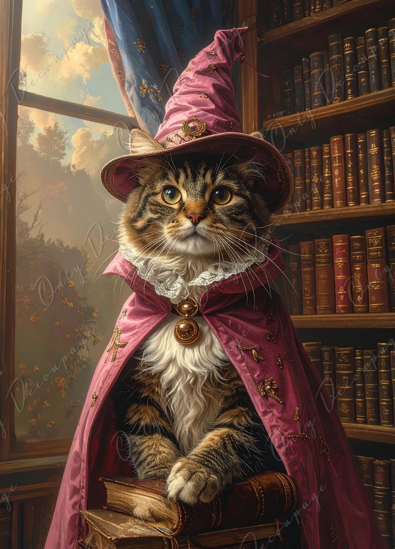 Large Whimsical Decoupage Paper - 6 Size Options - Wizard Cat Rice Paper - Witchcraft