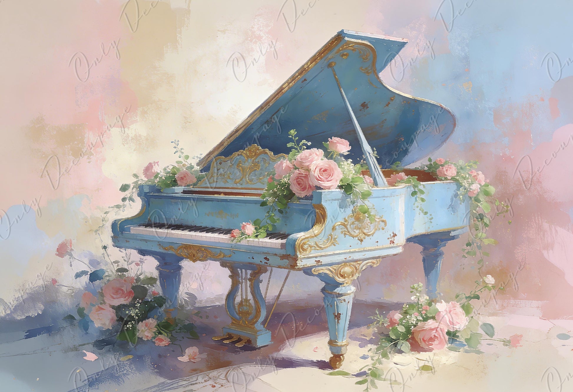 Large Whimsical Decoupage Paper - 7 Size Options - Vintage Rice Paper - Blue Piano