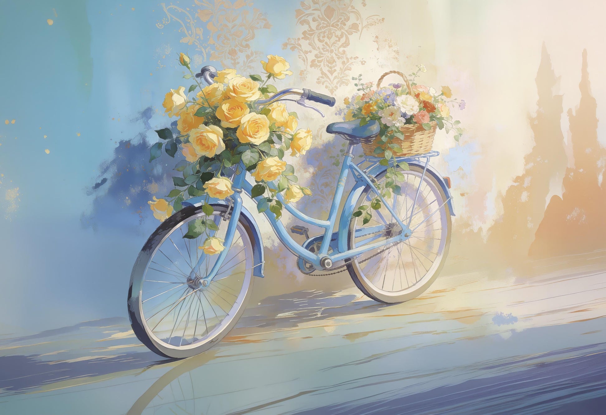 Furniture Decoupage Paper - 7 Size Options - Whimsical Rice Paper - Yellow Flowers - Blue Bicycle