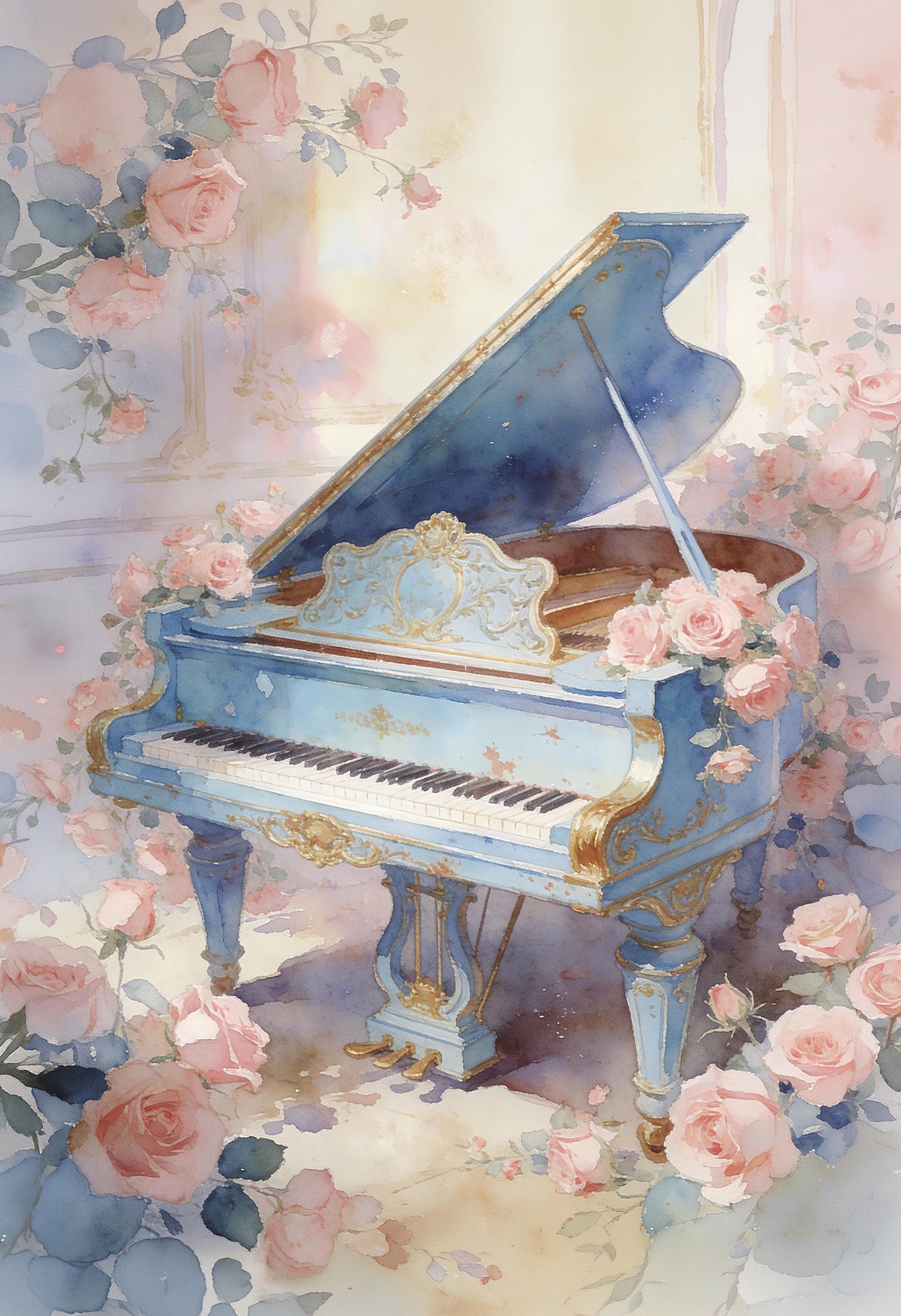 Furniture Decoupage Paper - 7 Size Options - Whimsical Rice Paper - Piano & Roses