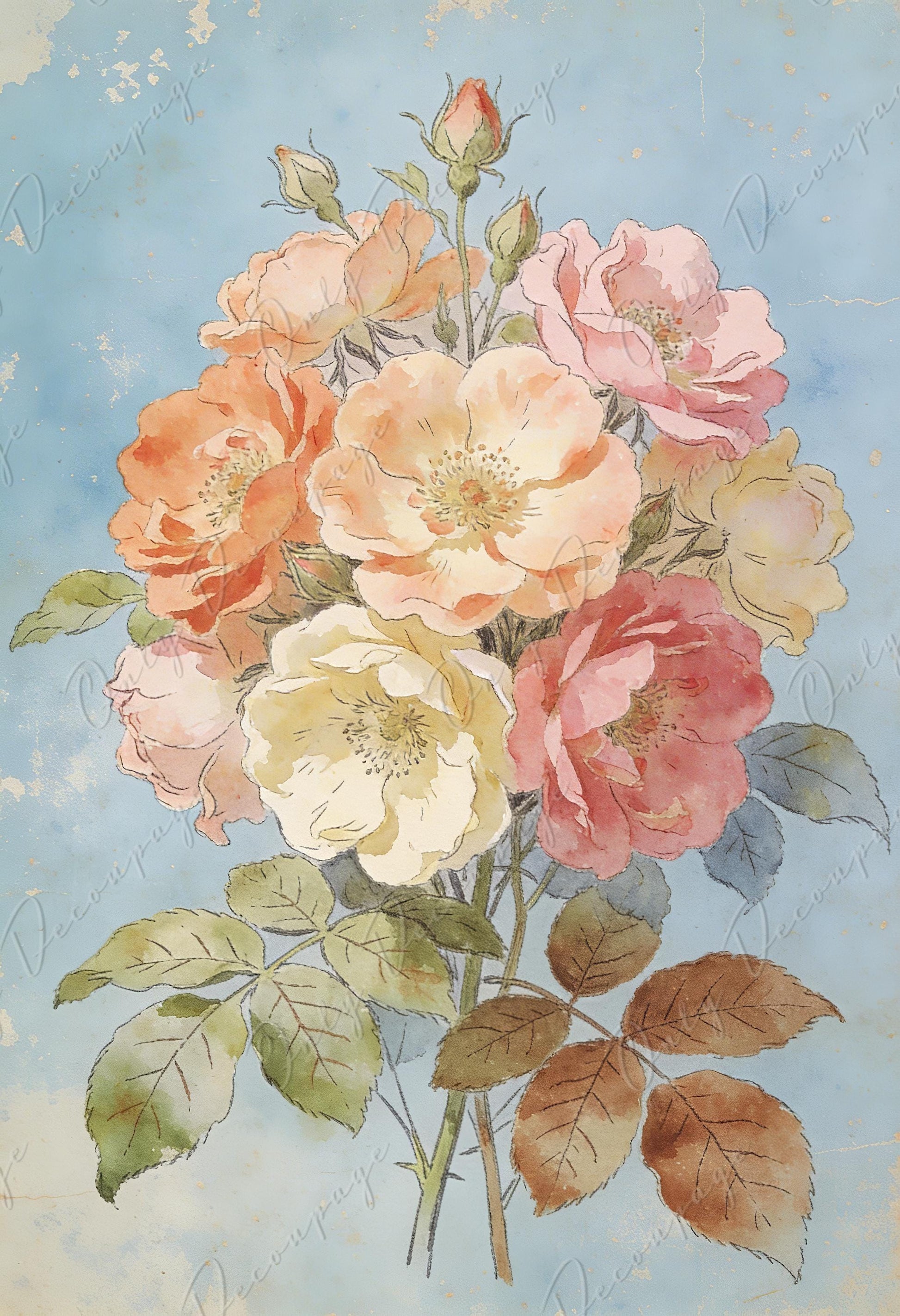 Furniture Decoupage Paper - 7 Size Options - Whimsical Rice Paper - Pastel Floral - Cabinet Upcycling