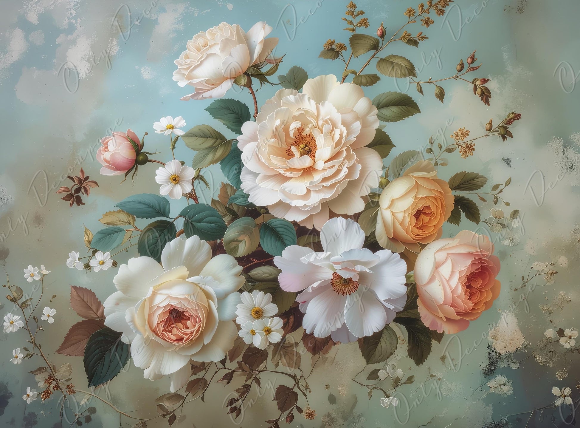 Furniture Decoupage Paper - 7 Size Options - Whimsical Rice Paper - Pastel Floral - Cabinet Upcycling