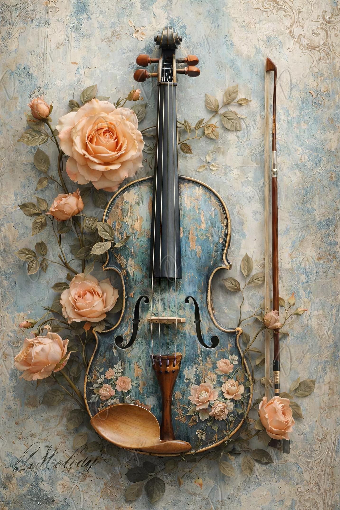Furniture Decoupage Paper - 7 Size Options - Whimsical Rice Paper - Blue Violin - Cabinet Upcycling