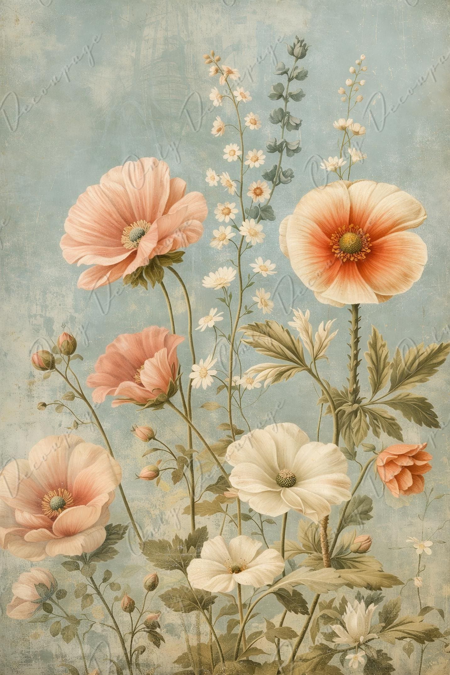 Furniture Decoupage Paper - 7 Size Options - Whimsical Rice Paper - Pastel Floral - Cabinet Upcycling