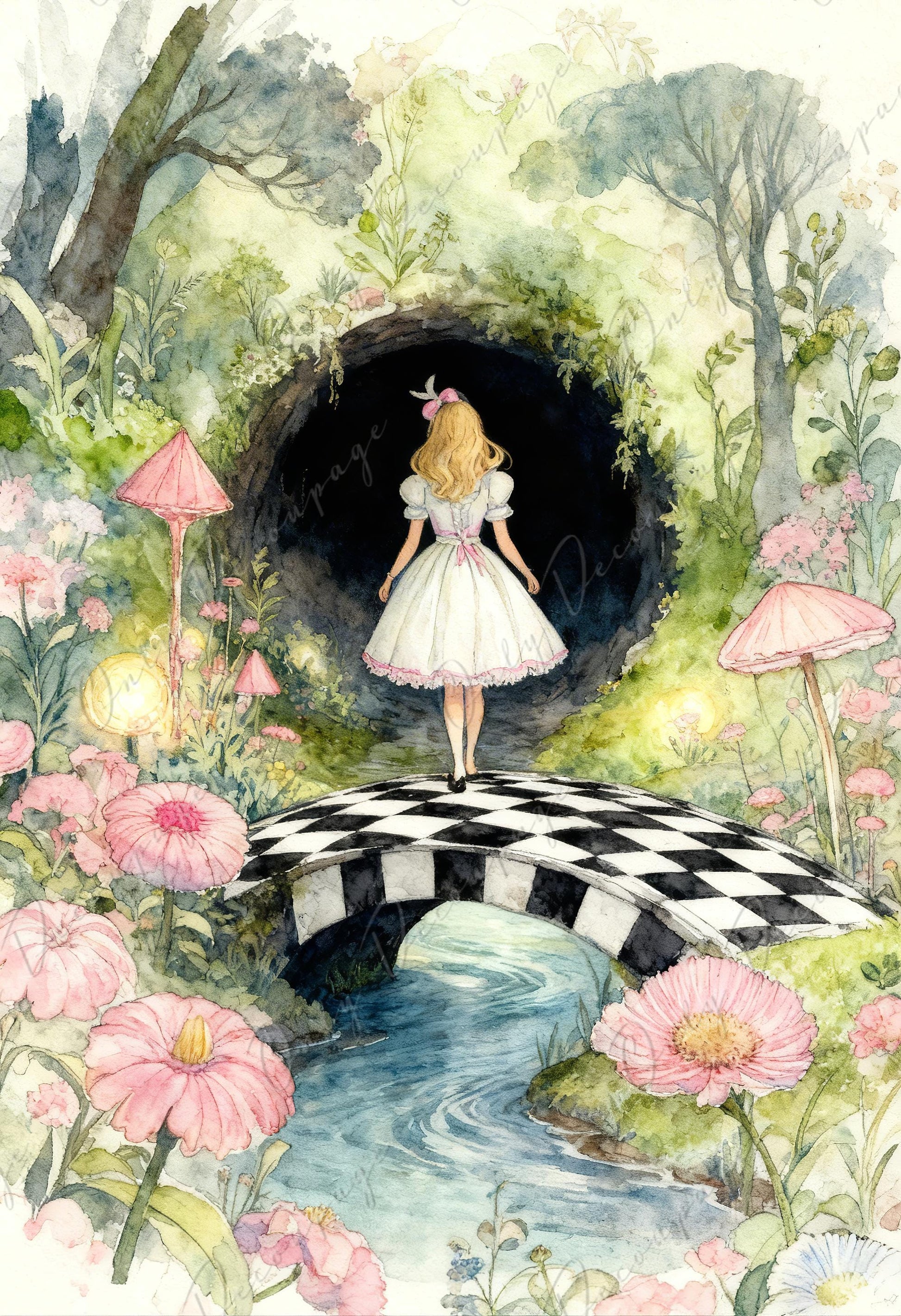 Fairytale Alice Decoupage Paper — 8 Size Options — Checkerboard Pattern Rice Paper for Furniture