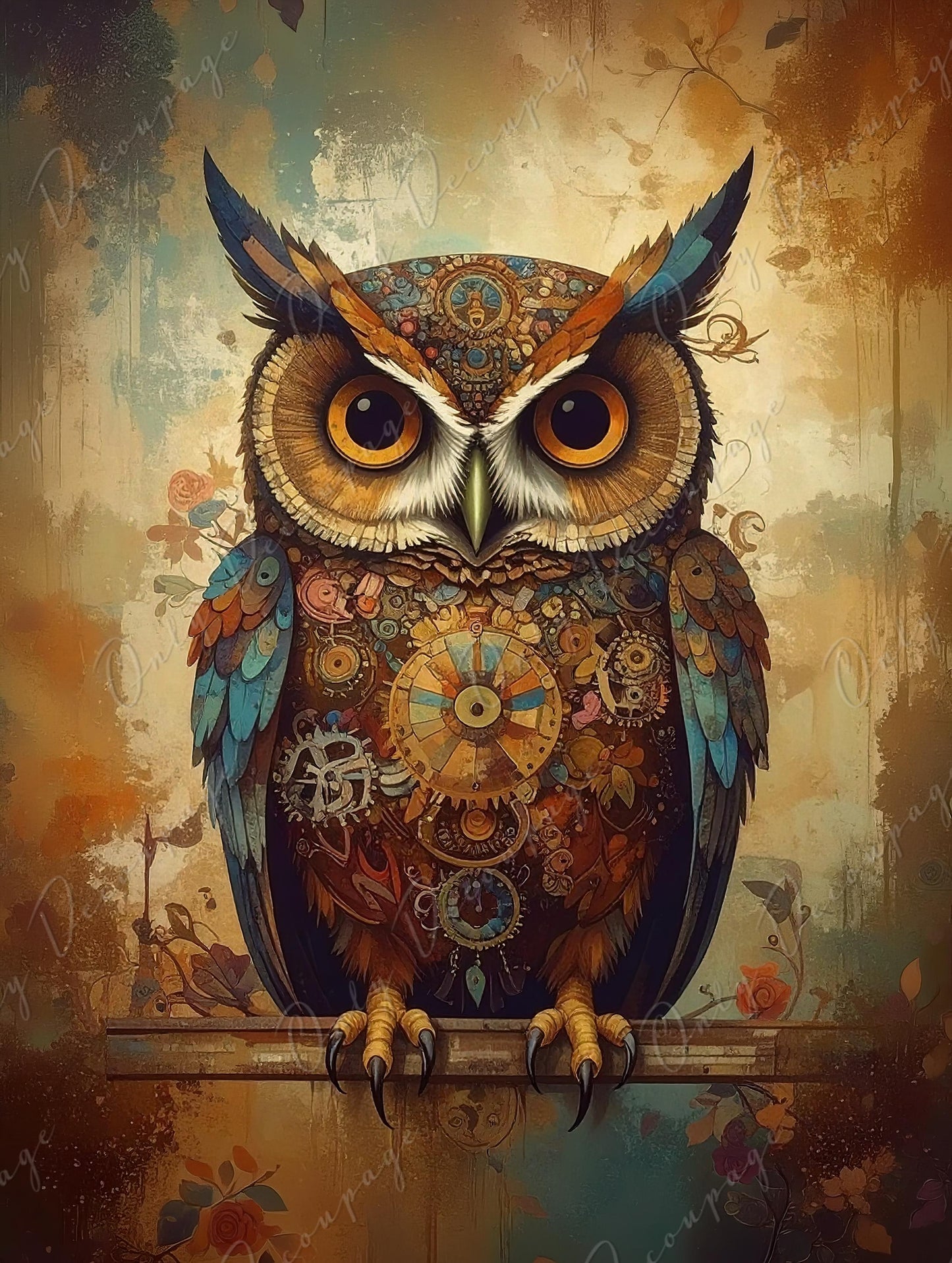 Steampunk Owl Large Decoupage Rice Paper – 8 Size Options – Furniture Makeover Craft Supplies