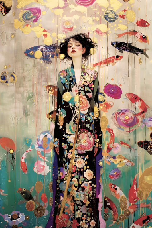 Koi Fish & Woman Portrait Large Decoupage Paper - 8 Size Options - Floral Furniture Paper