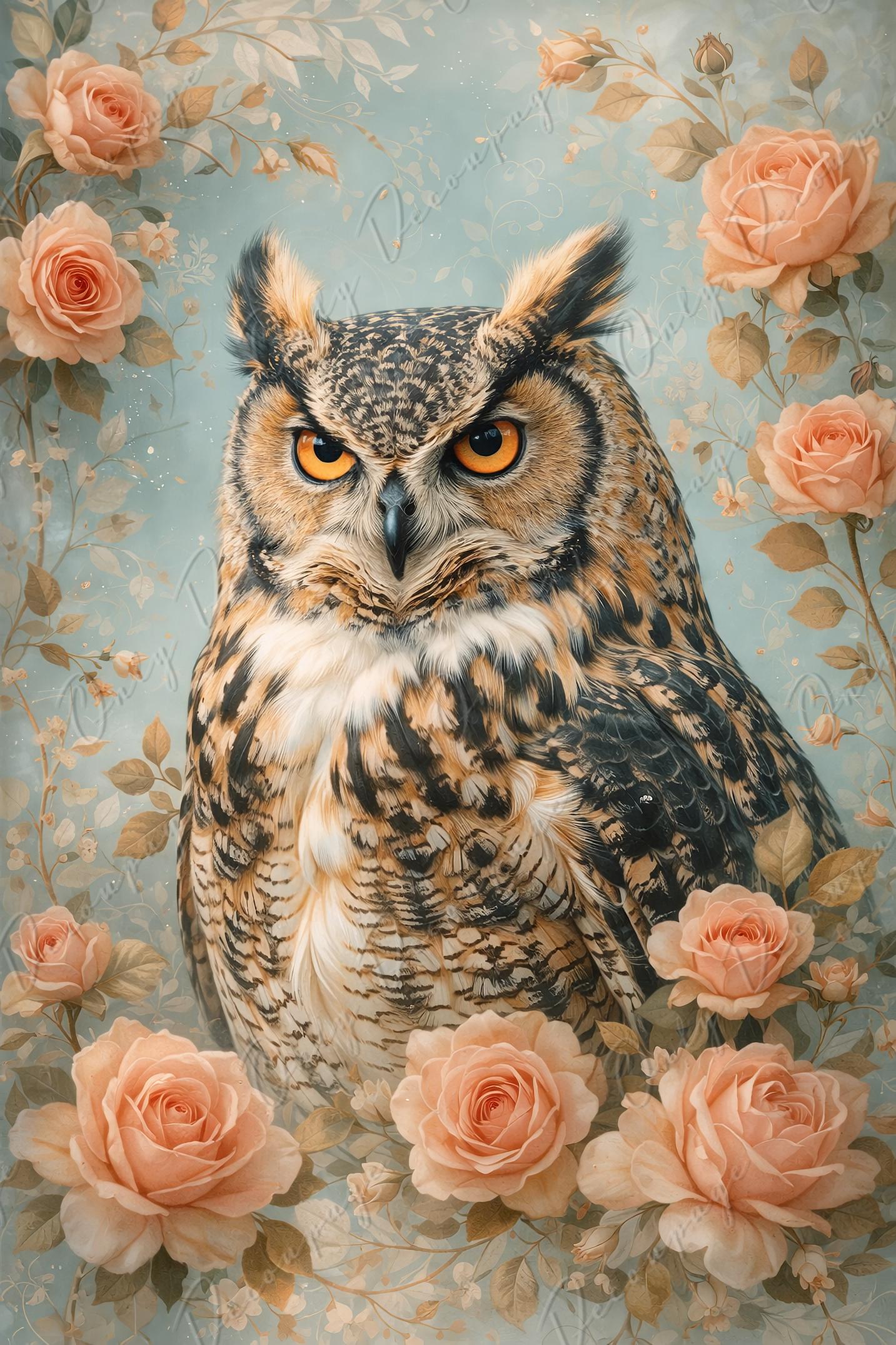 Large Decoupage Paper for Furniture - 8 Size Options - Floral Owl Rice Paper