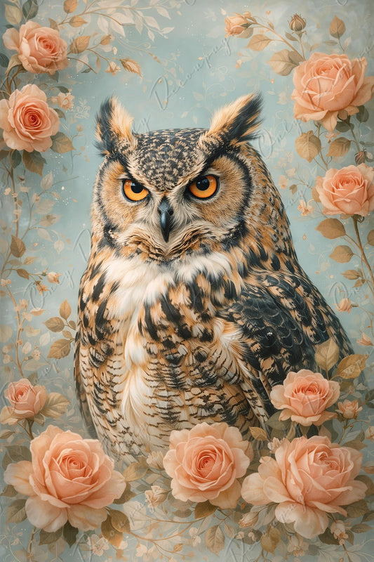 Large Decoupage Paper for Furniture - 8 Size Options - Floral Owl Rice Paper