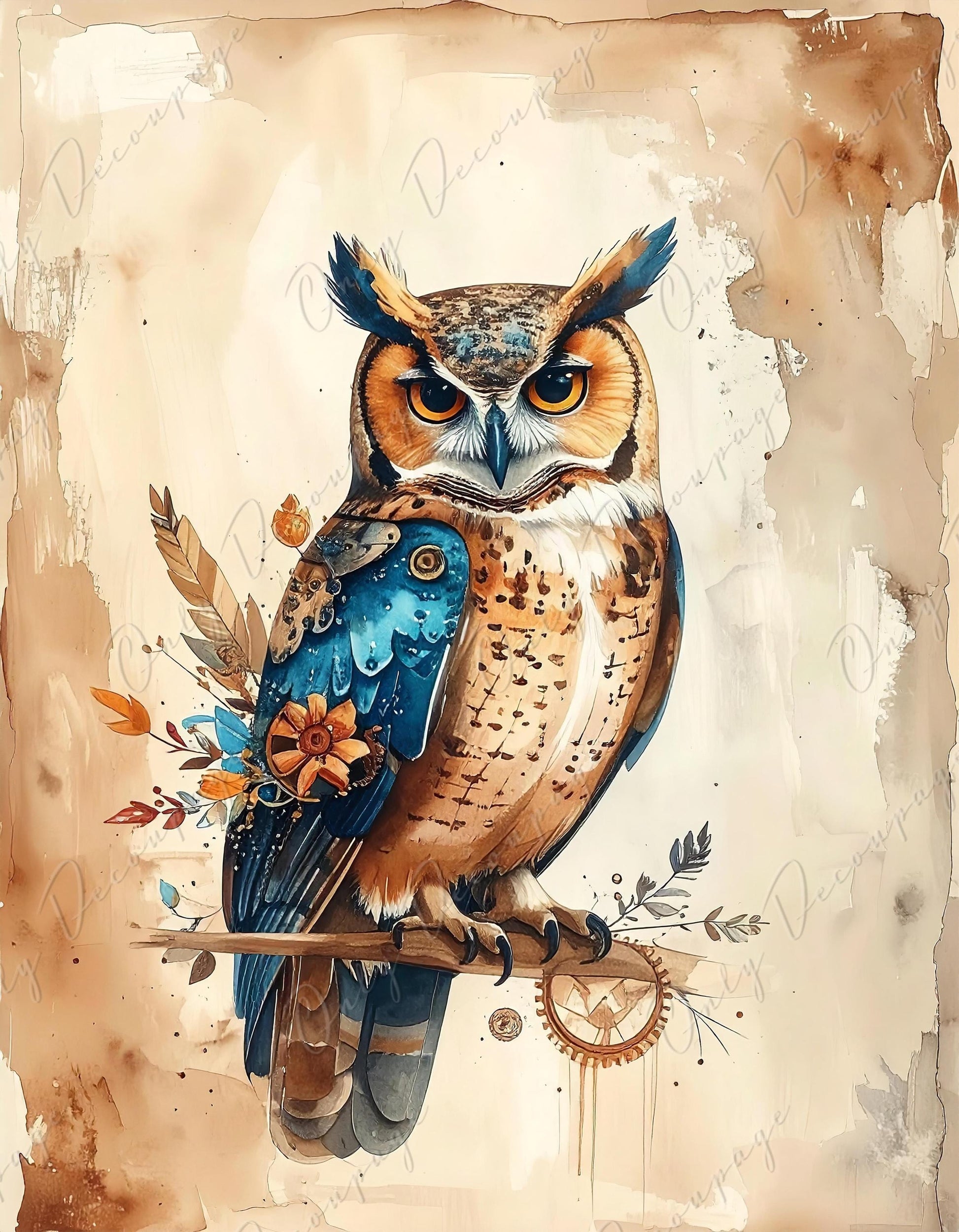 Large Decoupage Paper for Furniture - 8 Size Options - Floral Owl Rice Paper