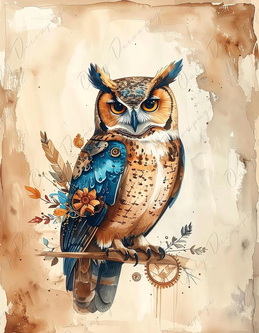 Large Decoupage Paper for Furniture - 8 Size Options - Floral Owl Rice Paper