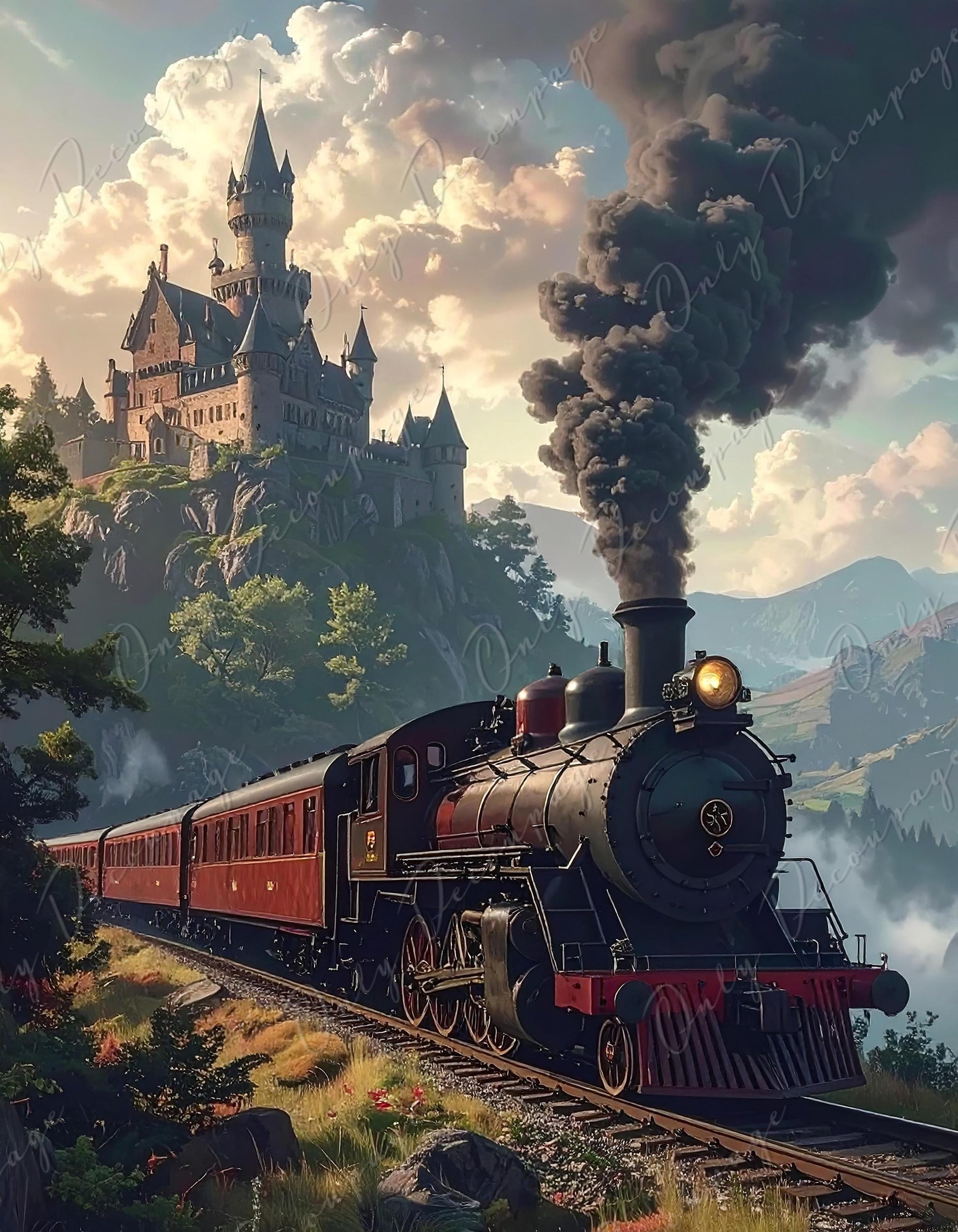 Large Decoupage Paper for Furniture - 8 Size Options - Black Steam Train Rice Paper